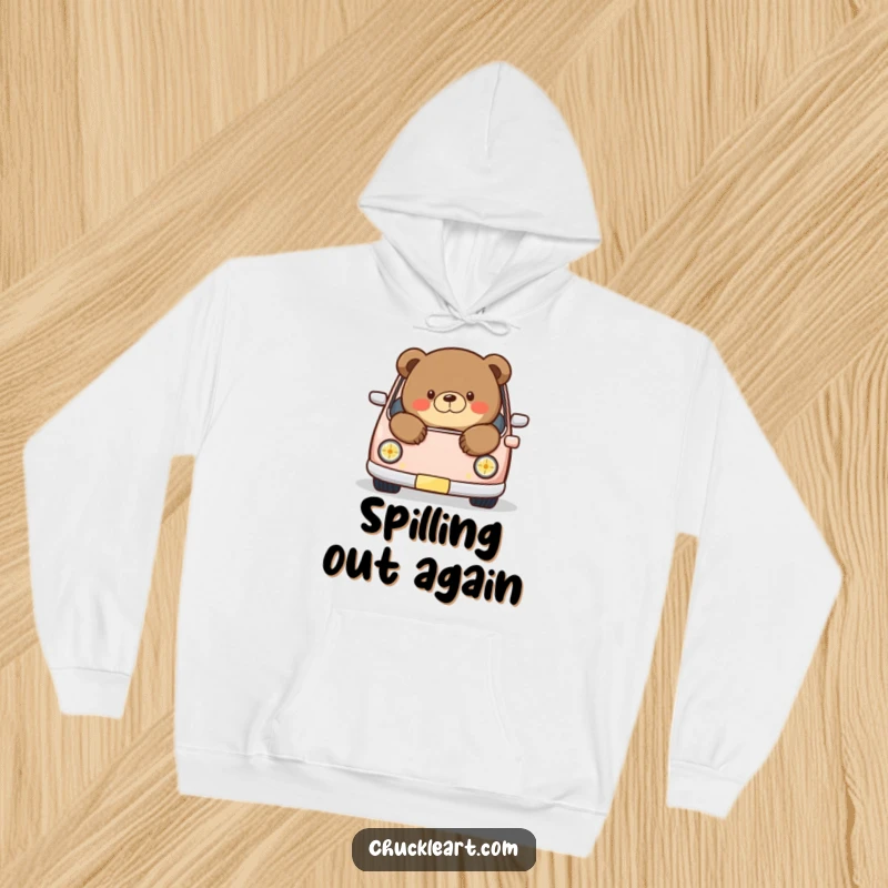 Funny hoodie featuring a chubby bear comically overflowing from a miniature car, a comfortable and humorous design for relaxation.