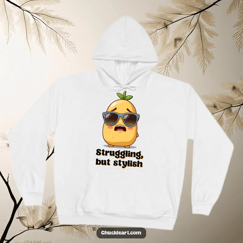 Funny hoodie depicting a determined potato character struggling to keep oversized sunglasses perched on its nose, a humorous fashion attempt.