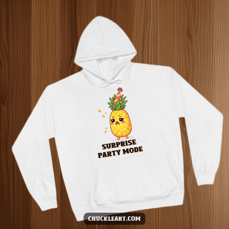 Funny startled pineapple with a party hat spraying juice, a warm and humorous hoodie for festive occasions.
