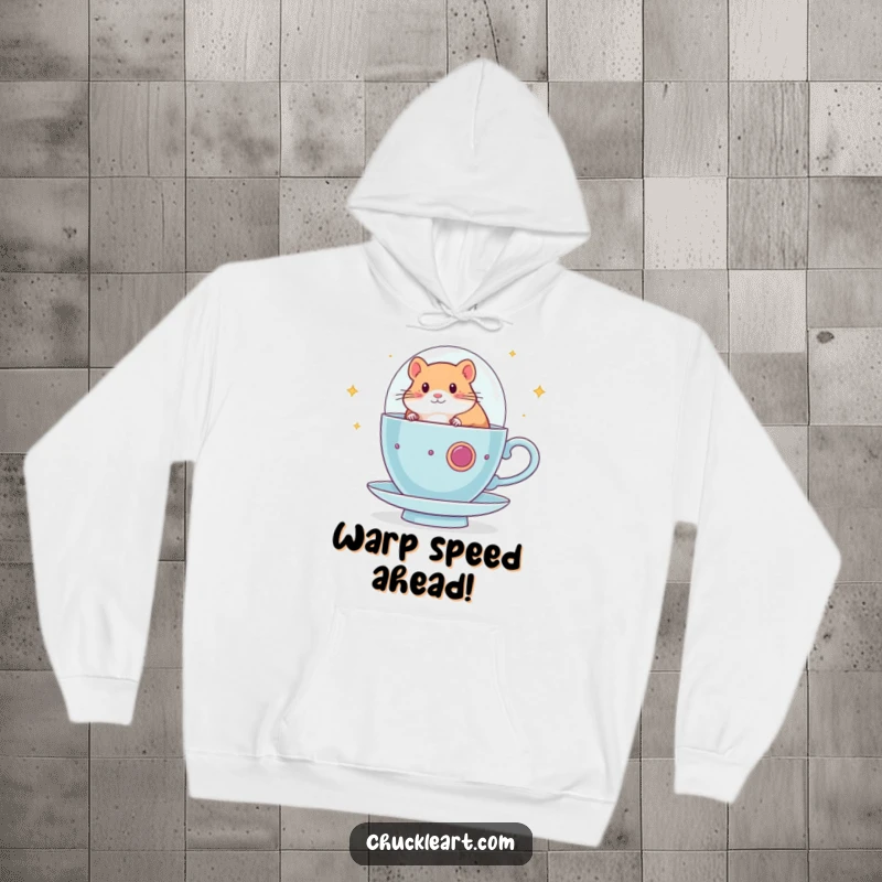 Funny hamster hoodie featuring a hamster piloting a teacup spaceship, offering cozy warmth and a humorous, imaginative cosmic adventure.