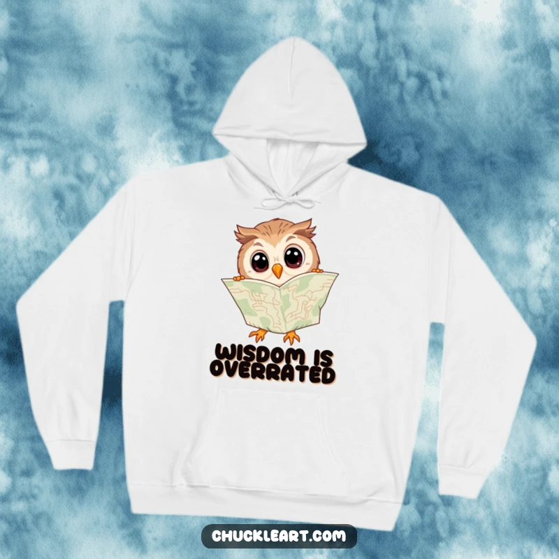 Funny hoodie graphic of a clumsy owl with wide eyes attempting to decipher a map held upside down.