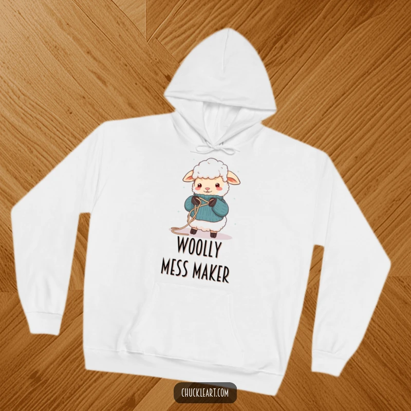 Funny hoodie with a sheep completely tangled in yarn while attempting to knit, a humorous design for craft enthusiasts.