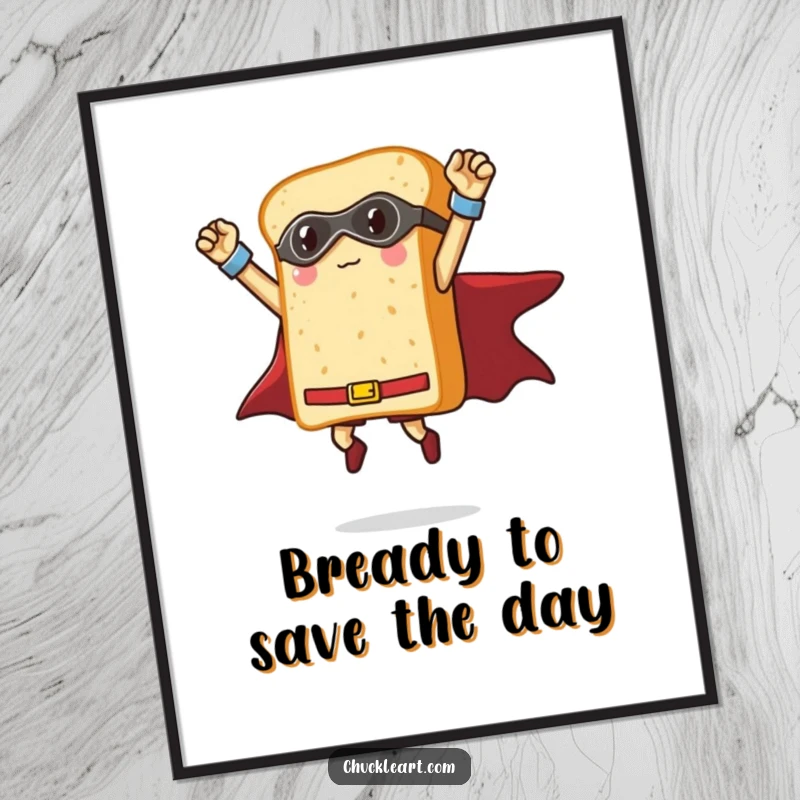 Funny Free Printable Wall Art: A loaf of bread dressed as a superhero, triumphantly flying through the air.