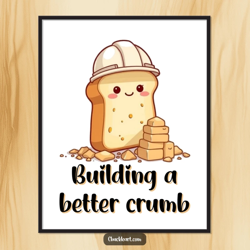 Funny Free Printable Wall Art: A loaf of bread in a construction hat meticulously builds a tower of crumbs.