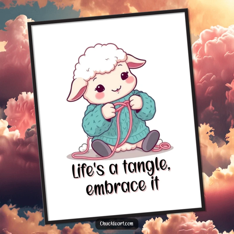 Funny Free Printable Wall Art: A sheep comically entangled in its own knitting wool, creating a whimsical scene.