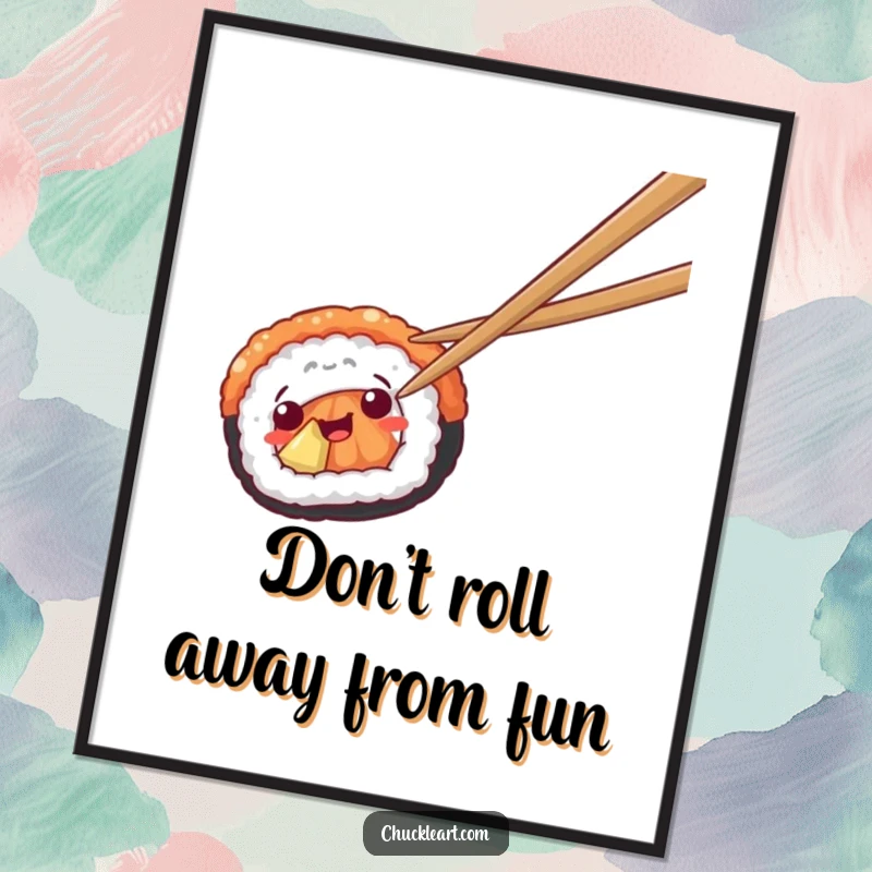 Funny Free Printable Sushi Wall Art: A piece of sushi is hilariously trying to escape a pair of chopsticks, quirky decor.