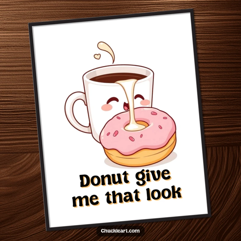 Funny Free Printable Wall Art: Winking coffee cup playfully pours extra milk into a surprised donut.