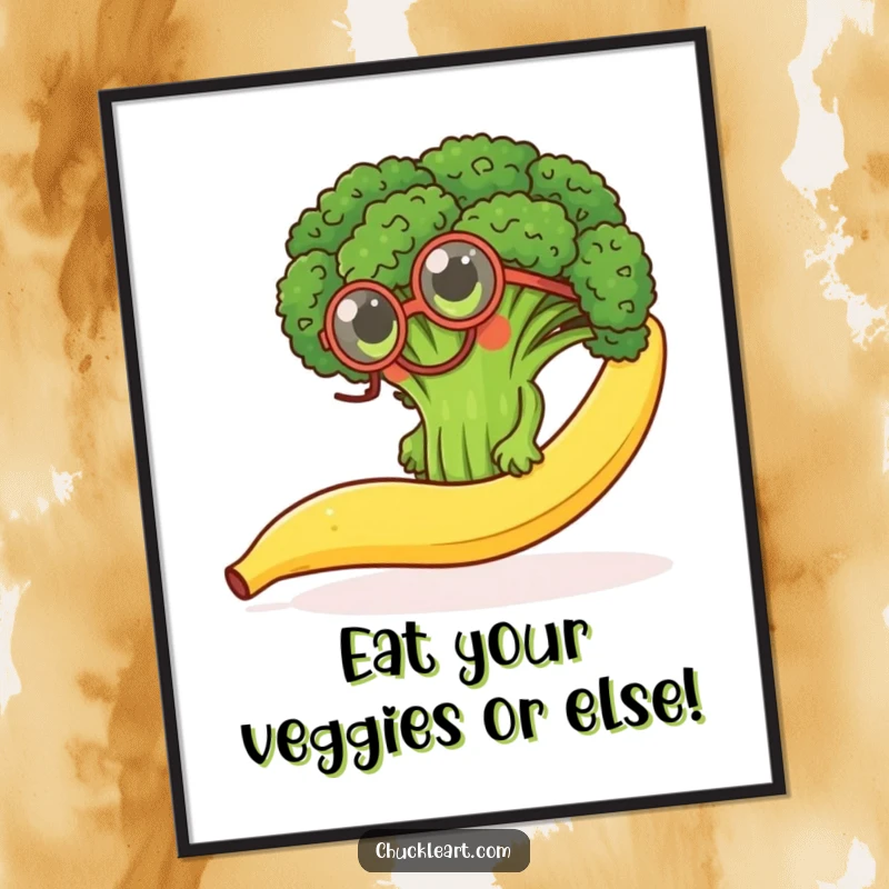 Funny free printable wall art: broccoli with a monocle attempting to ascend a slippery banana peel, a comical struggle.