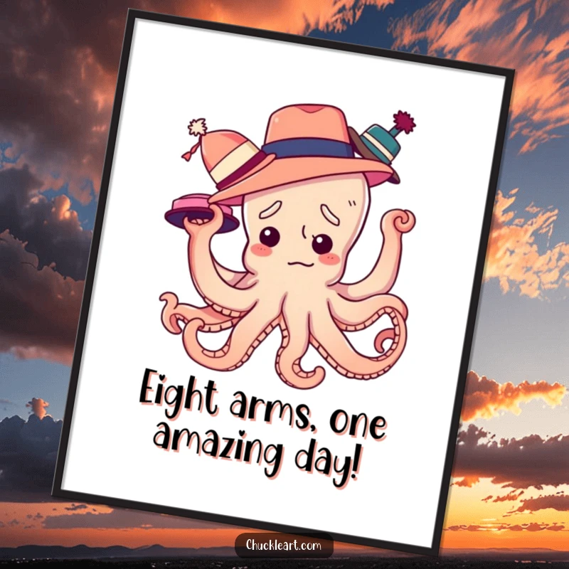 Funny Free Printable Wall Art: A confused octopus with multiple hats tangled on its arms, whimsical and comical decor.