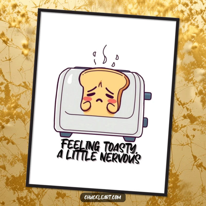 Funny Free Printable Wall Art: A loaf of bread sweating profusely inside a toaster, a humorous piece of downloadable art.