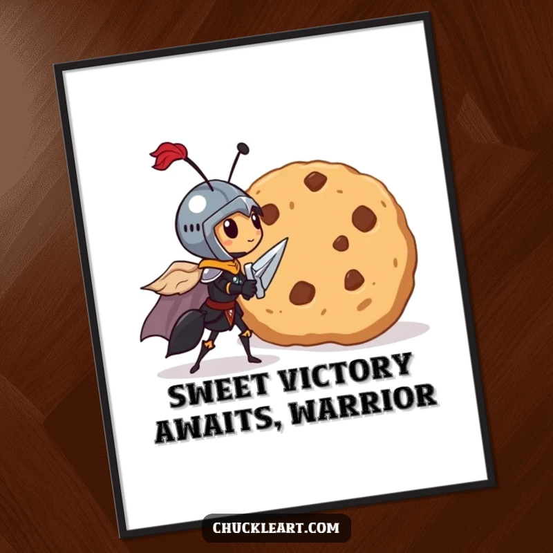 Funny Free Printable Wall Art: A tiny ant dressed as a knight bravely confronts a gigantic cookie, a whimsical adventure.