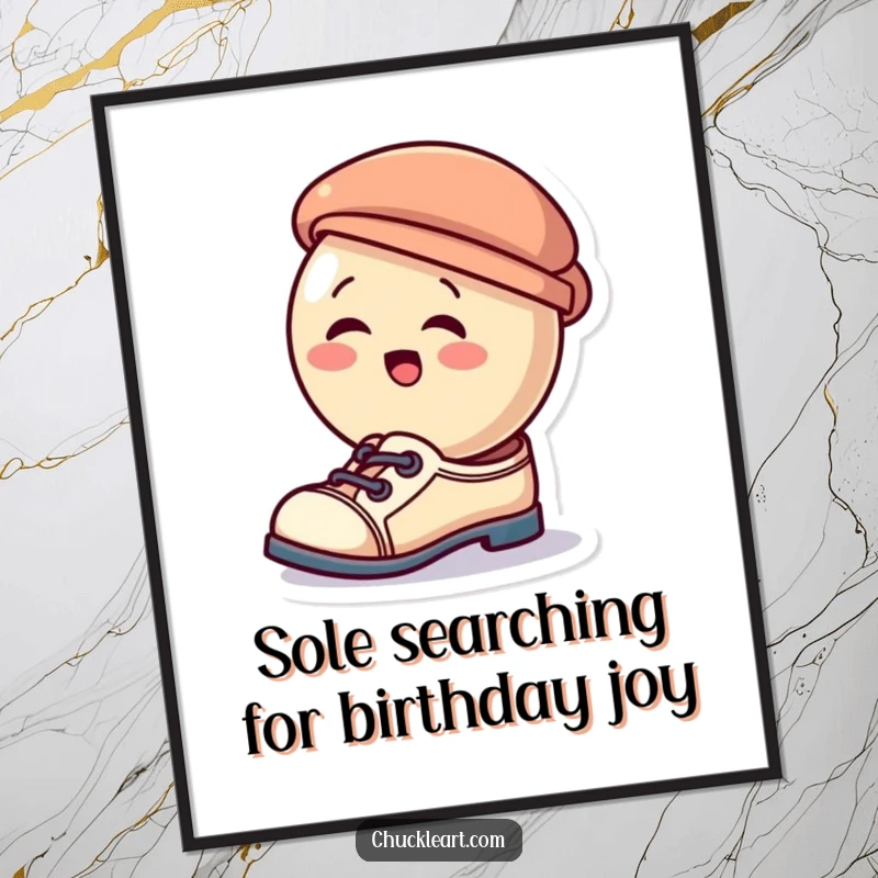 Funny Free Printable Wall Art: A giggling button comically wears a tiny hat as a shoe, adding whimsical charm to any room.