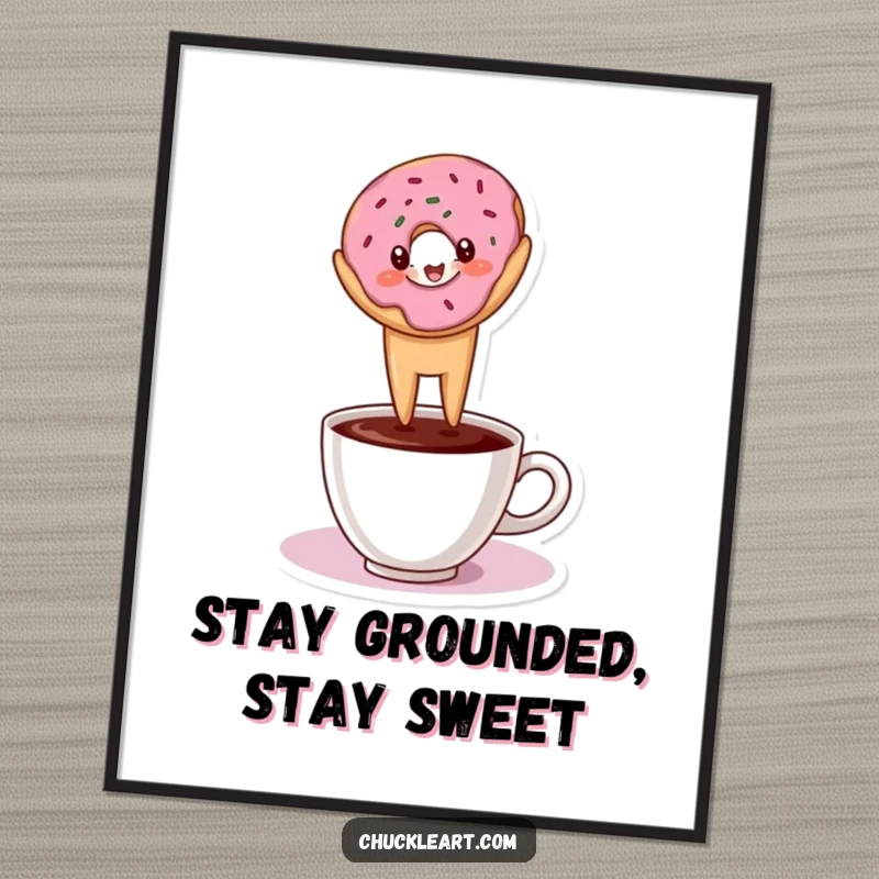Funny Free Printable Donut Wall Art: A donut is doing a headstand on a coffee cup, quirky and humorous decor.