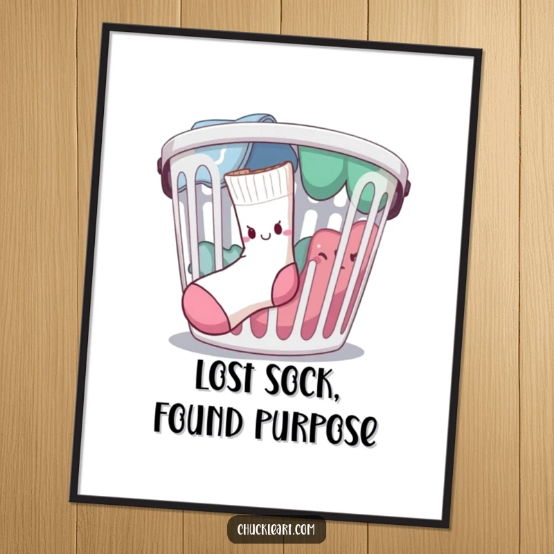Funny free printable wall art of a determined single sock making a daring escape from a laundry basket, full of resolve.