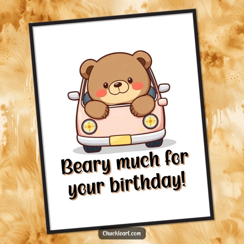 Funny Free Printable Wall Art: A chubby bear humorously spilling out of a miniature car, whimsical and comical decor.