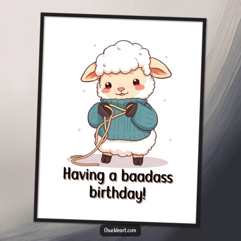 Funny Free Printable Wall Art: A sheep humorously tangled in wool while trying to knit, whimsical and comical decor.