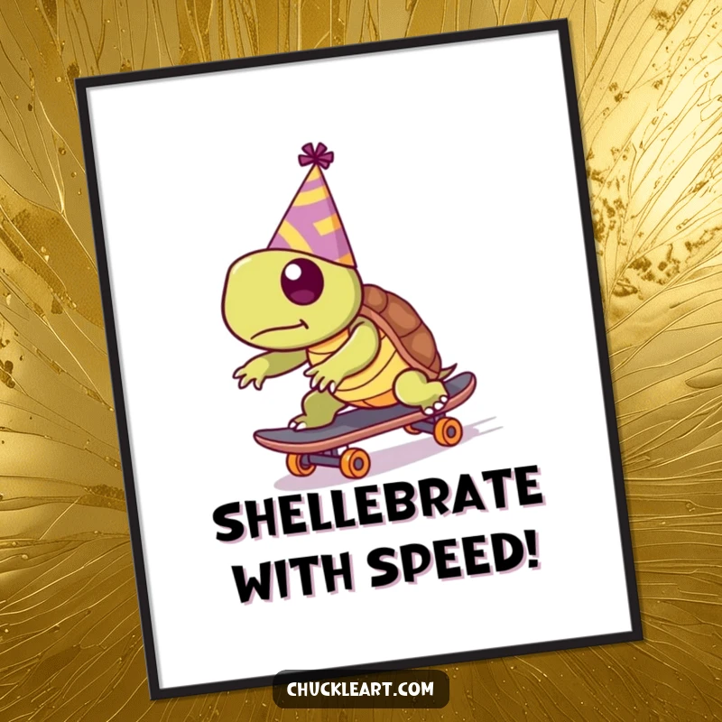Funny Free Printable Wall Art: A turtle wearing a party hat attempts skateboarding, a whimsical and humorous piece of decor.