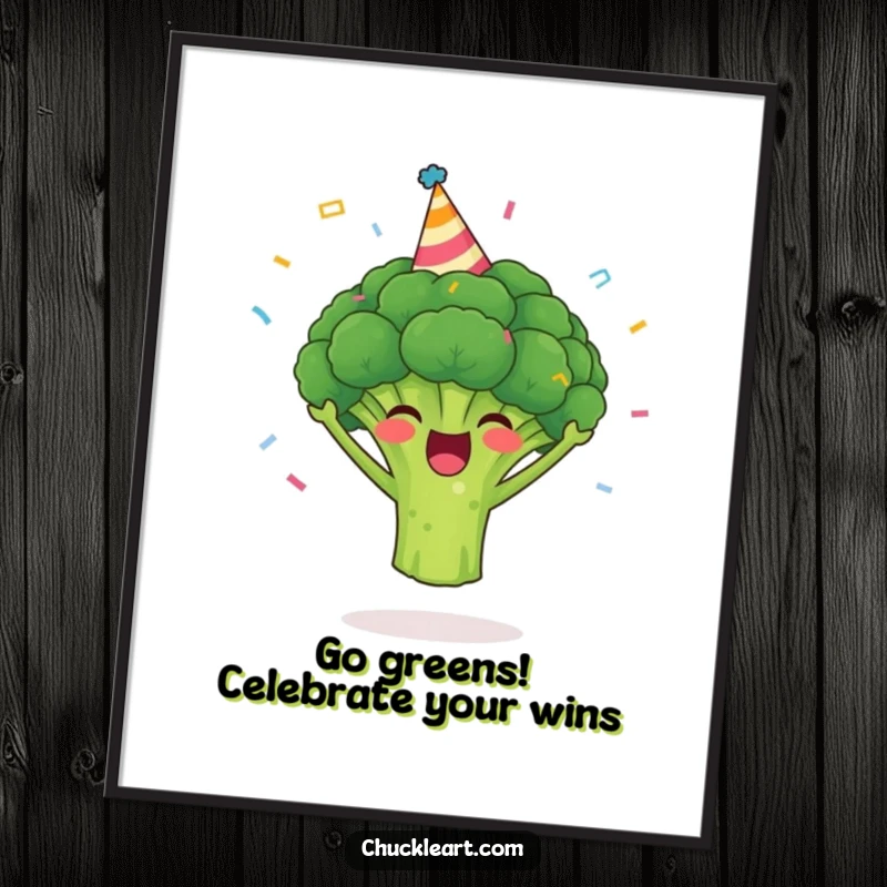 Funny Free Printable Wall Art: A happy broccoli wearing a party hat and surrounded by confetti, radiating party energy.
