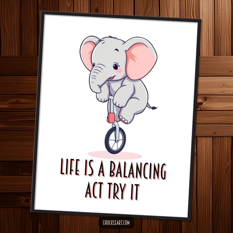Funny Free Printable Wall Art: A clumsy elephant hilariously attempting to balance on a tiny unicycle, adding quirky charm.