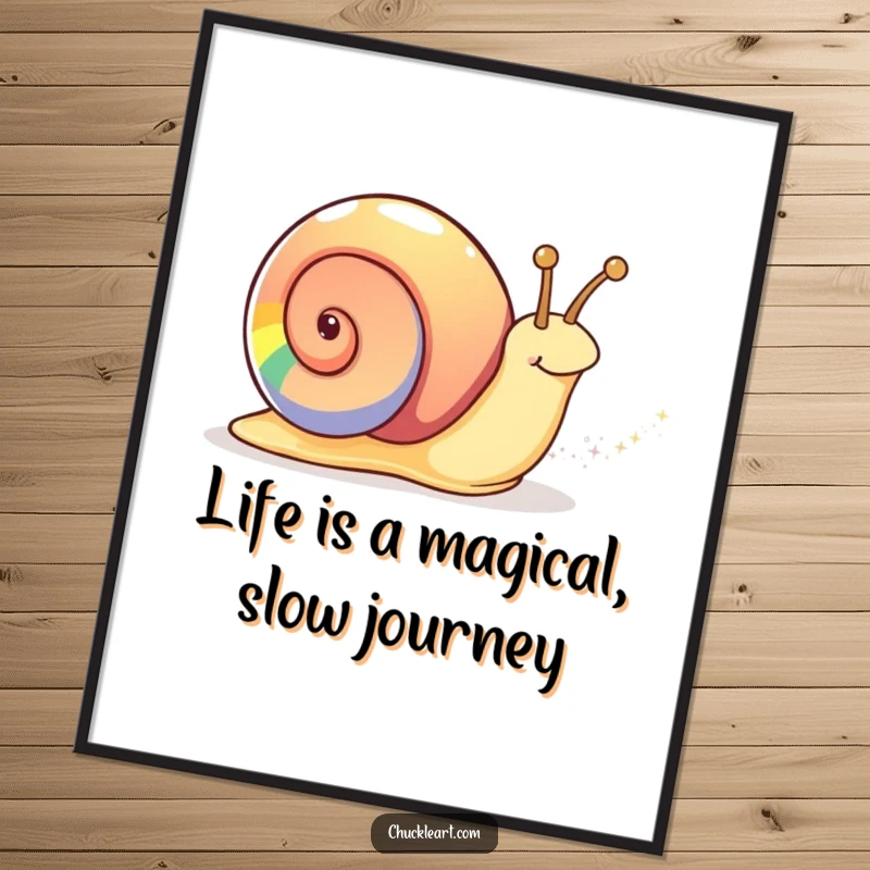 Funny Free Printable Wall Art: A snail with a vibrant rainbow shell creating a shimmering, sparkly trail, adding whimsical charm.