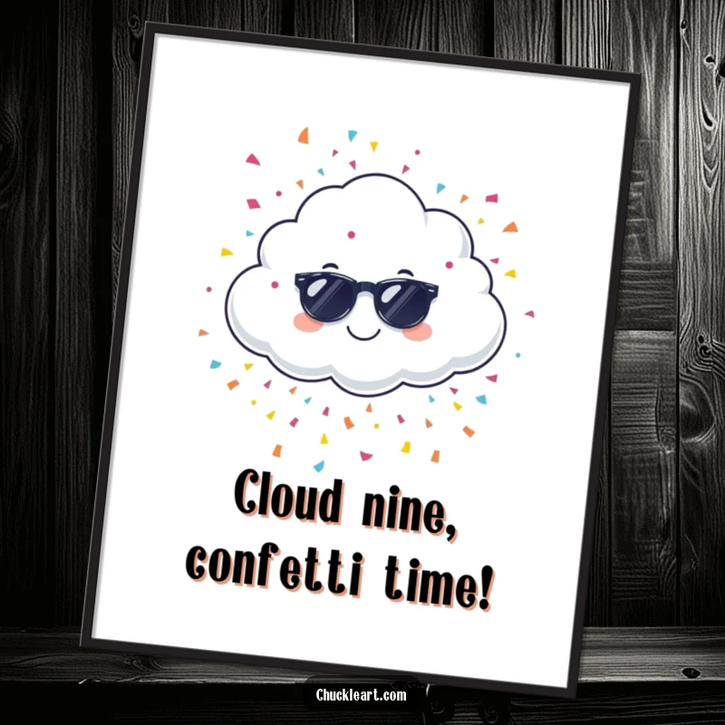 Funny free printable wall art of a giggling cloud wearing sunglasses, happily raining colorful confetti, perfect for festive decor.