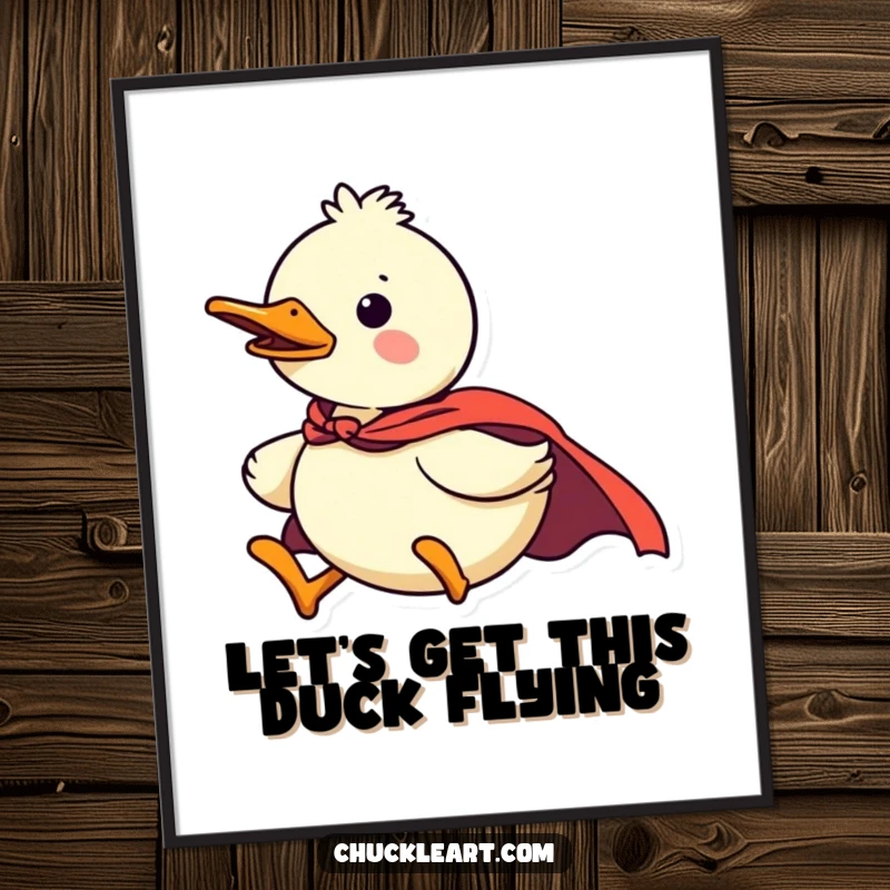 Funny Free Printable Superhero Duck Wall Art: A confident duck in a tiny cape flying through the air. Heroic, downloadable decor.
