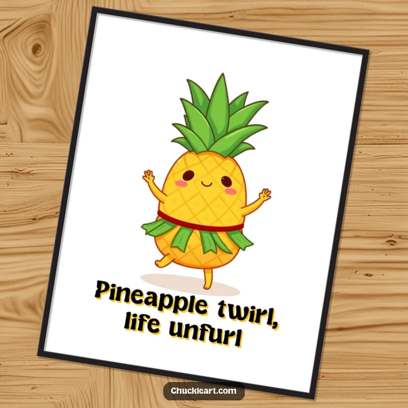 Funny Free Printable Wall Art: A vibrant pineapple in a hula skirt, captured mid-dance, festive downloadable art.