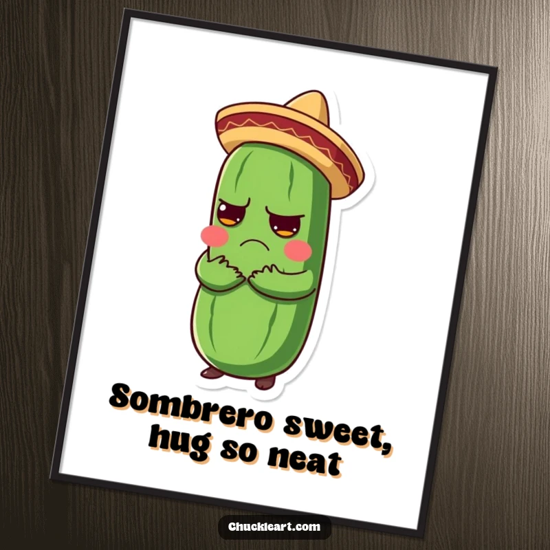 Funny Free Printable Wall Art: A grumpy pickle in a sombrero gets an enthusiastic hug, adding humor.