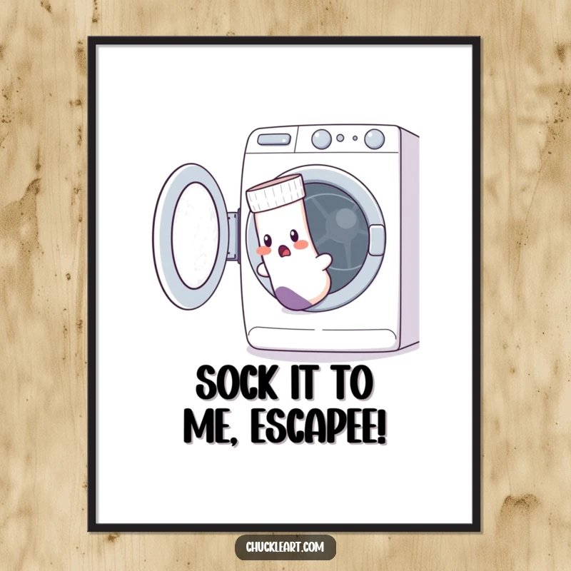 Funny Free Printable Wall Art: A startled, holey sock attempts to escape a washing machine.