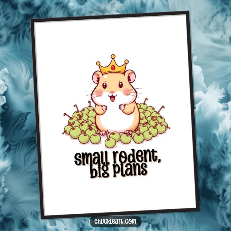 Funny Free Printable Wall Art: A hamster wearing a tiny crown valiantly attempts to command a vast army of peas.