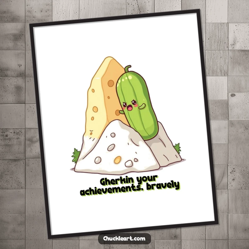 Funny free printable wall art: A lone, determined pickle is halfway up a gigantic, textured cheese mountain, striving for the summit.