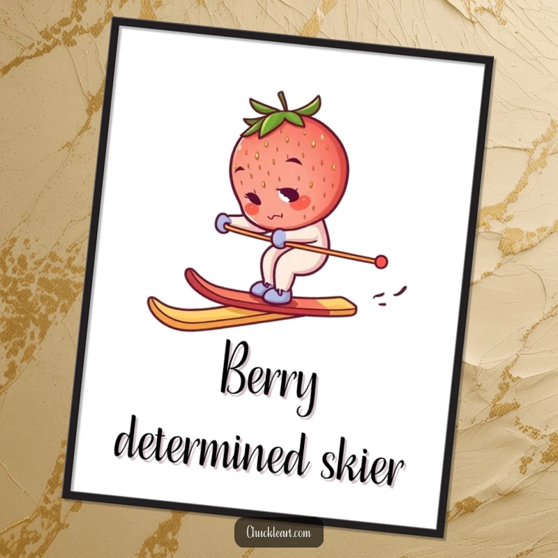 Funny Free Printable Wall Art: A determined strawberry skiing enthusiastically on a breadstick.