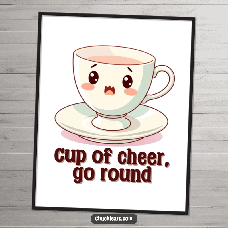 Funny Free Printable Wall Art: A teacup comically spinning on its saucer, exuding surprise and motion.