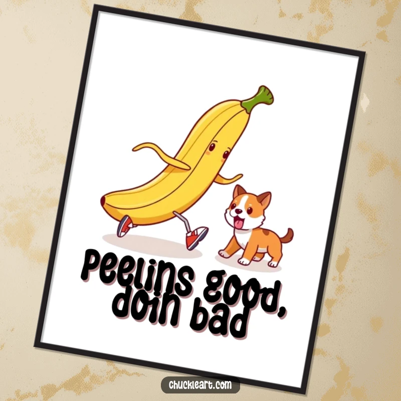 Funny Free Printable Wall Art: A banana peel in shoes aiming to trip a dog, a whimsical piece of downloadable art.