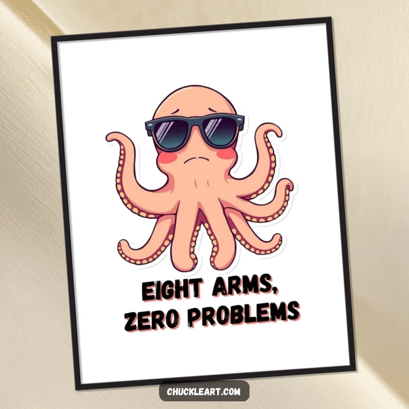 Funny Free Printable Wall Art: A confused octopus attempting to wear sunglasses on all its tentacles, a whimsical piece of downloadable art.
