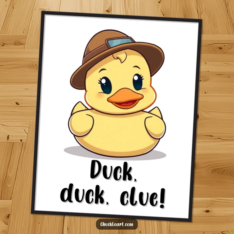 Funny Free Printable Wall Art featuring a mischievous rubber duck in a tiny detective hat, intensely searching for clues with a magnifying glass.