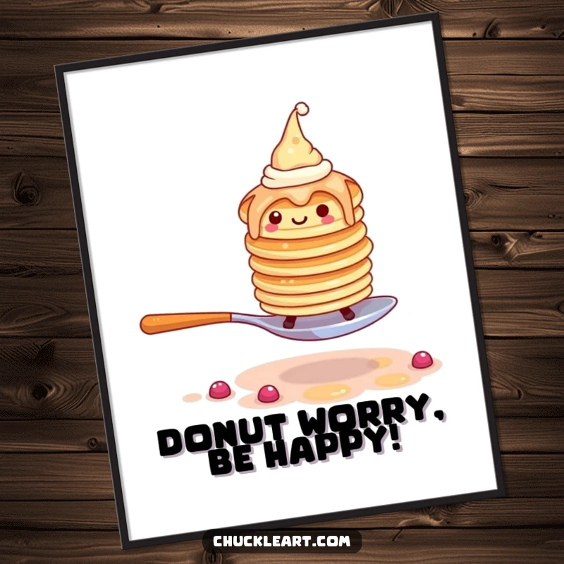 Funny free printable wall art: wobbly pancakes with hats escaping a giant fork, a chaotic breakfast scene.