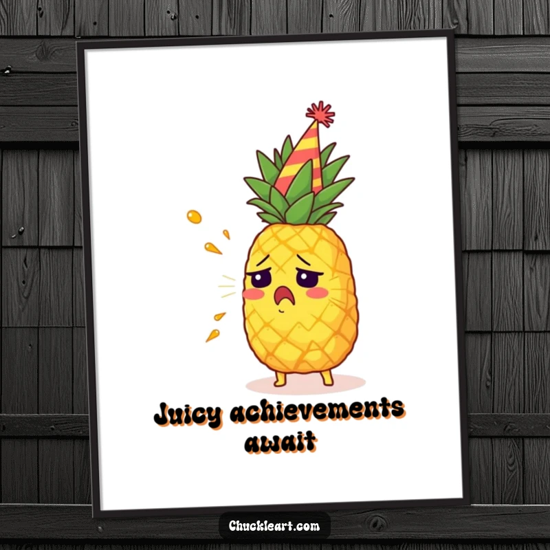Funny free printable wall art of a startled pineapple in a party hat, accidentally spraying a wild jet of juice, full of chaotic energy.