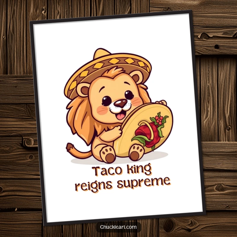Funny Free Printable Wall Art: A lion wearing a tiny sombrero eyes a colossal taco, ready for a delicious fiesta.