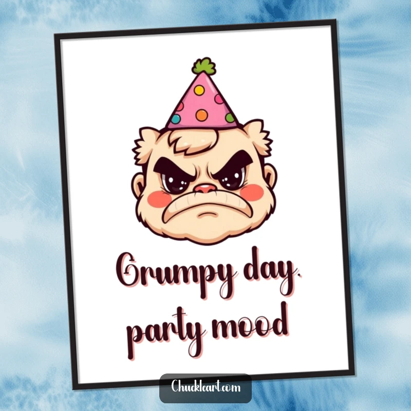Funny Free Printable Wall Art: A cartoon grumpy face wearing a jaunty party hat, adding a touch of ironic festivity.