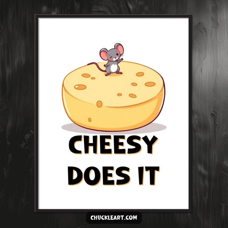 Funny Free Printable Wall Art: A small mouse expertly balances on a massive, unstable wheel of cheese, a delightful sight.