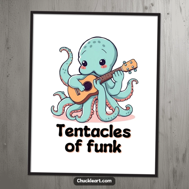 Funny Free Printable Wall Art: A multi-limbed octopus is engrossed in playing a ukulele with hilarious, tangled effort.