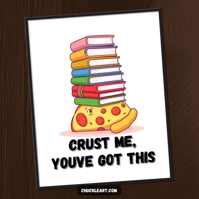 Funny Free Printable Wall Art depicting a pizza slice struggling to balance an enormous stack of books on its crust with determination.