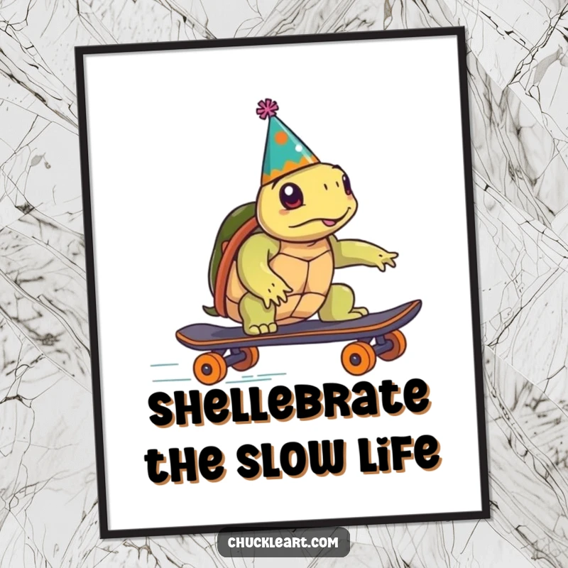 Funny Free Printable Wall Art: A cool turtle wearing a party hat speeds by on a skateboard, bringing laughter.