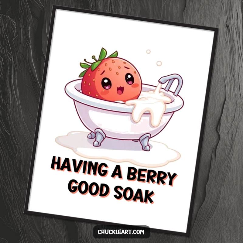 Funny Free Printable Wall Art: A shocked strawberry in a tiny bathtub overflowing with milk, whimsical decor.
