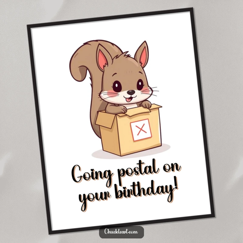 Funny Free Printable Wall Art: A squirrel packed in a small box, attempting to mail itself, quirky and humorous decor.