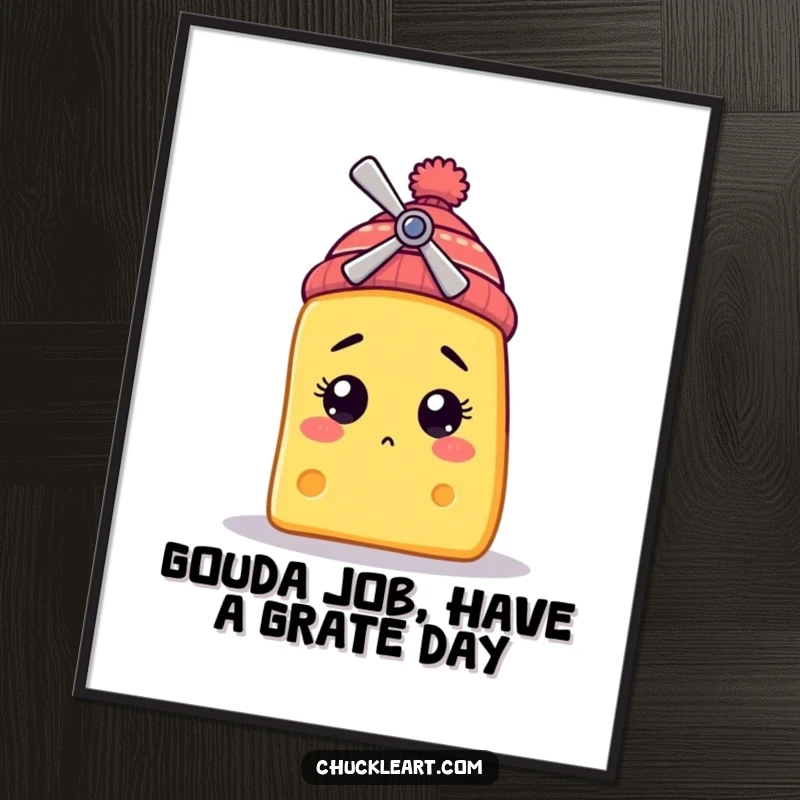 Funny Free Printable Wall Art: A bewildered cheese slice sporting a tiny propeller beanie adds whimsical, cheesy humor to any space.
