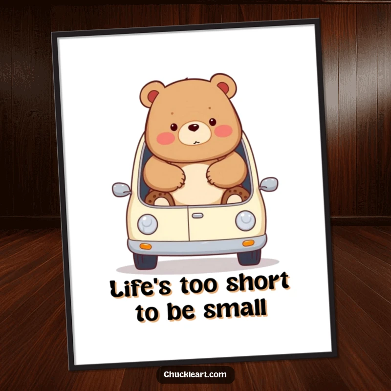 Funny Free Printable Wall Art: A chubby bear humorously overflowing from a tiny car, creating a comical scene.