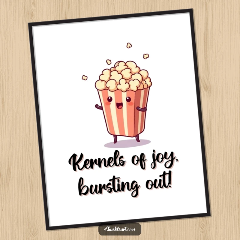Funny Free Printable Wall Art: A piece of popcorn mid-air, leaping from its bag with a comical expression of surprise.