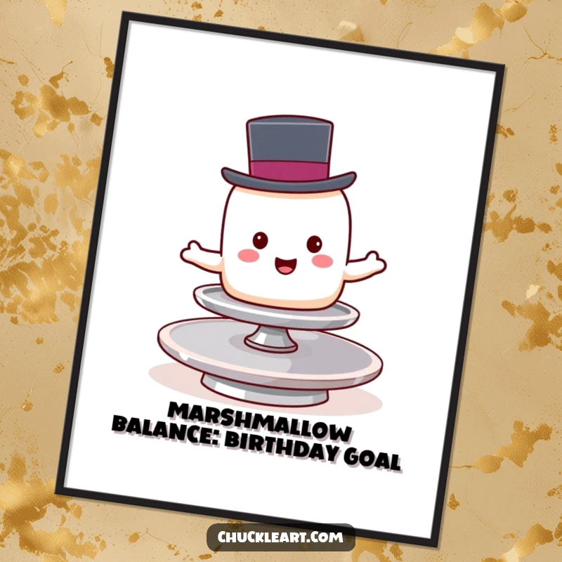 Funny Free Printable wall art of a cheerful marshmallow in a top hat attempting to balance on a spinning plate.